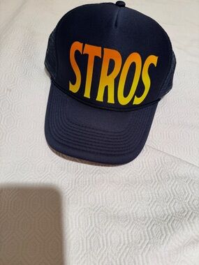 STROS Gradient Logo Trucker Hat - Navy with Orange-Yellow Text